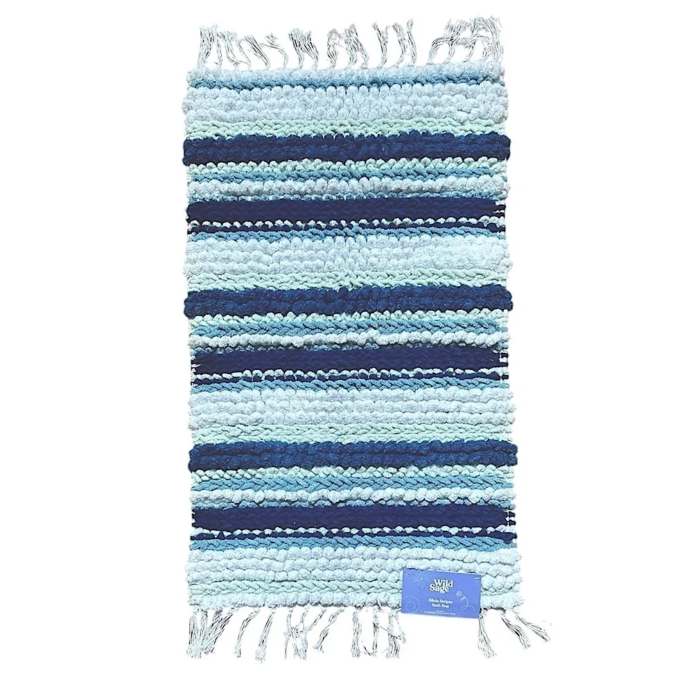 NWT Wild Sage Silvia Stripes Handloomed Blue and White Textured Bath Mat